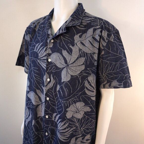 Tommy Hilfiger Mens XXL Shirt Hawaiian Leaf Print Slim Fit Short Sleeve - Picture 1 of 9